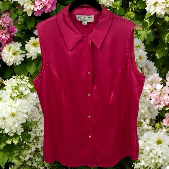 St. John Tops - Vintage Y2K St. John Hot Pink Silk Collared Office Siren Party Tank Size 8